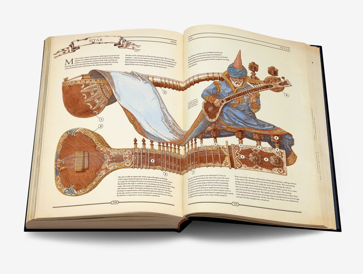 Open Hungry Minds book spread about the sitar